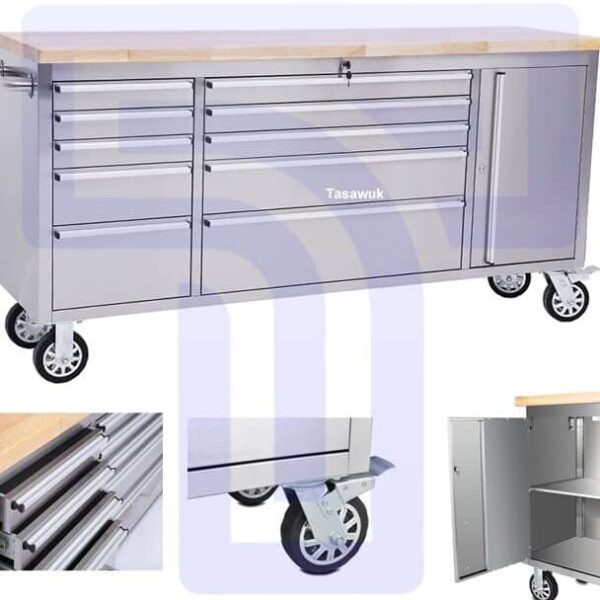 72" Stainless Steel Tool Trolley with 10 Drawers and Cabinet