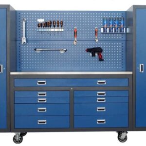 Tasawuk 260cm Mobile Workstation with 9 Drawers, 2 Cabinets and Pegboard