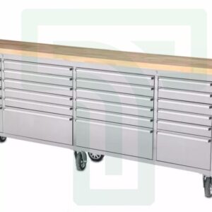 96" Stainless Steel Tool Trolley with 24 Drawers and Wooden Platform