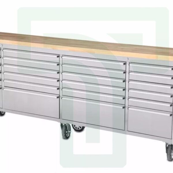 96" Stainless Steel Tool Trolley with 24 Drawers and Wooden Platform
