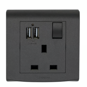 Crabtree 13A Switched Socket with 2.1A USB Charging Ports (Black Finish)