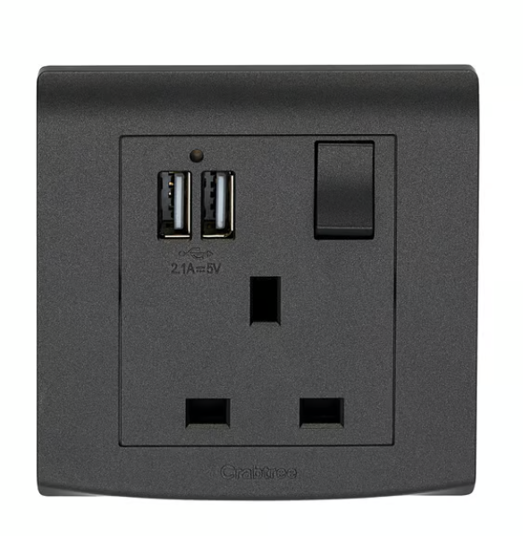 Crabtree 13A Switched Socket with 2.1A USB Charging Ports (Black Finish)