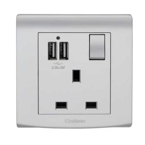 Crabtree 13A Switched Socket with 2.1A USB Charging Ports (Silver Finish)