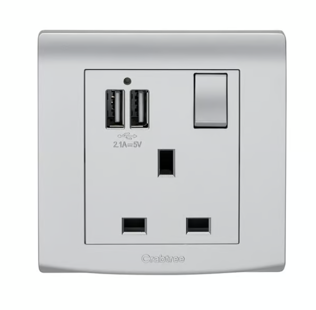 Untitled-121.png Crabtree 13A Switched Socket with 2.1A USB Charging Ports (Silver Finish) - Image 1