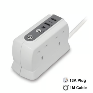 MASTERPLUG 4 socket Compact Extension with 2 X USB(2.1A), 1 Meter WHITE Surge protector