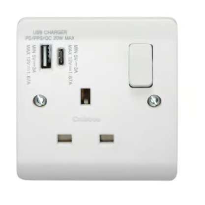 Untitled-56-1.png Crabtree 13A Switch Socket with Integrated LED, USB A+C Ports (1 Gang) - Image 1