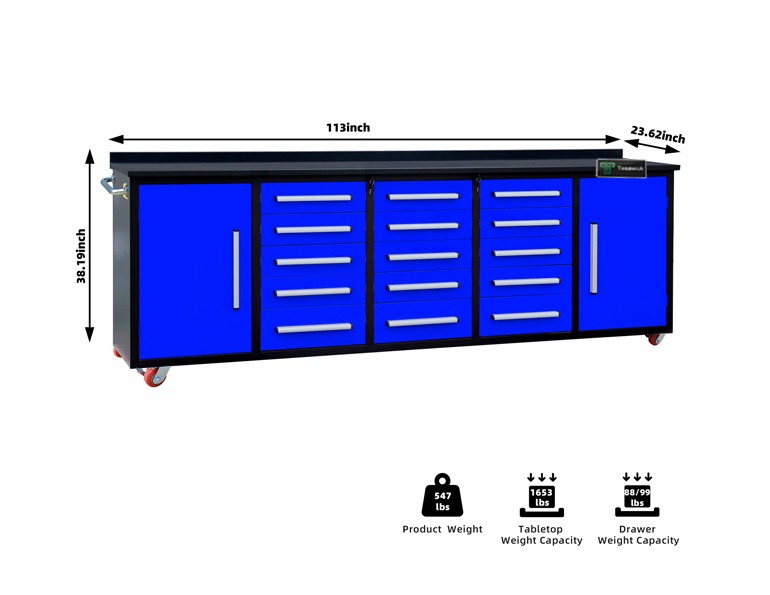custom-table12.jpg Heavy Duty 200cm Custom Metal Workbench with 15 Drawers & Wheels - Blue - Image 1