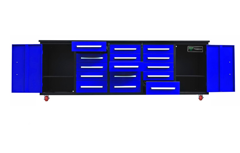 custom-table13.jpg Heavy Duty 200cm Custom Metal Workbench with 15 Drawers & Wheels - Blue - Image 1