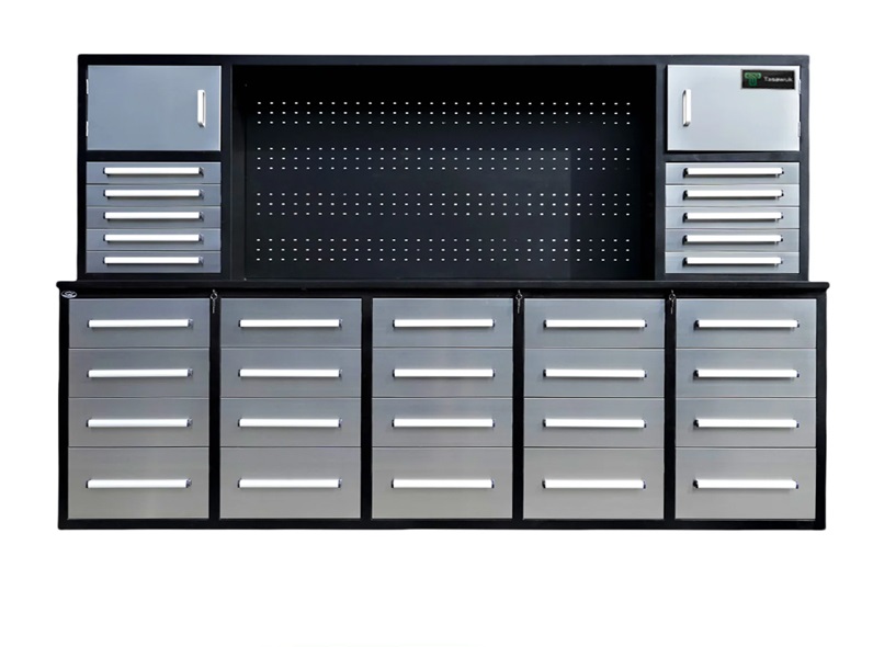 custom-table14.jpg Heavy Duty 300cm Custom Metal Workstation with 30 Drawers & Pegboard - Grey - Image 1