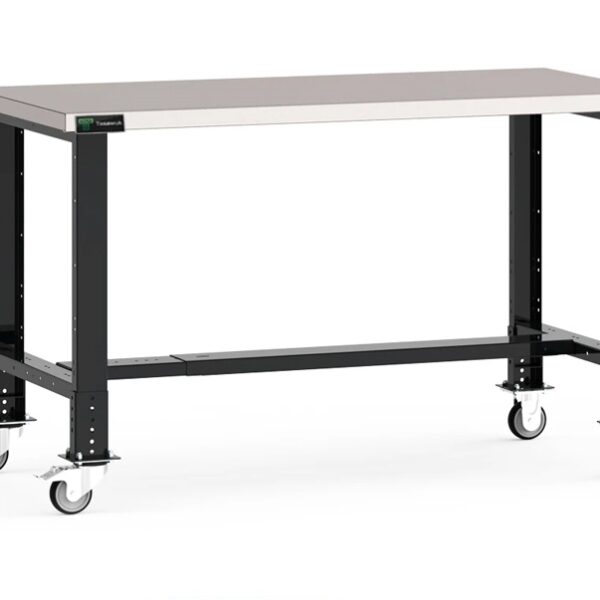 Heavy Duty 180cm Customised Metal Workbench with Stainless Steel Top & Wheels - Black