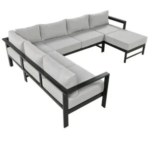Custom Made L-Shaped 5 Seater Outdoor Metal Sofa Set with Tea Table