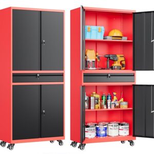 Heavy Duty 4 Door Garage Cabinet with Drawer - Red