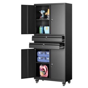 Heavy Duty 4 Door Garage Cabinet with 2 Drawers - Black