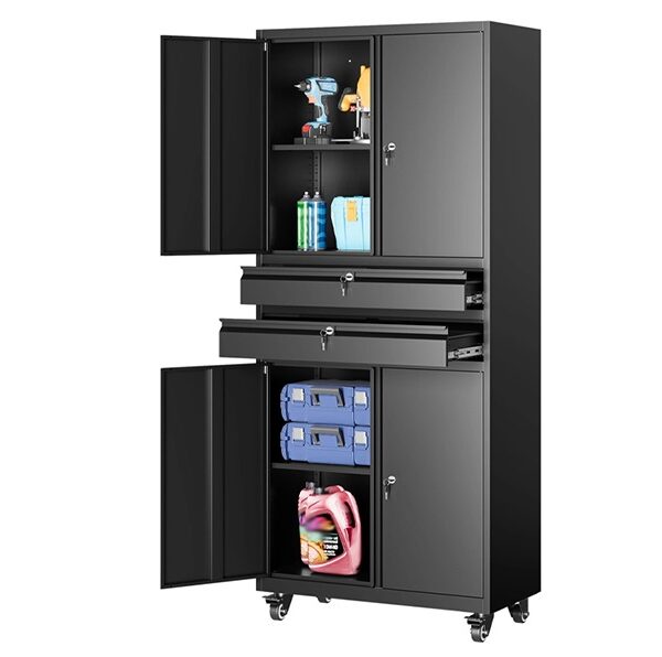 Heavy Duty 4 Door Garage Cabinet with 2 Drawers - Black