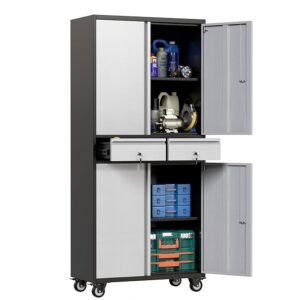 Heavy Duty 4 Door Garage Cabinet with 2 Drawers - Black/Gray