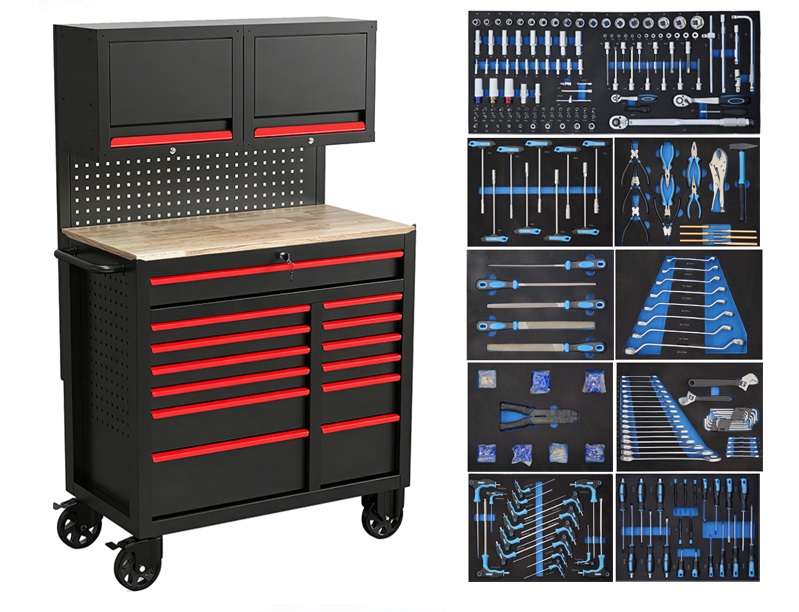 workstation-black-with-tools.jpg 13 Drawers Tool Chest Trolley with Cabinets and 471pcs Tools - Image 1
