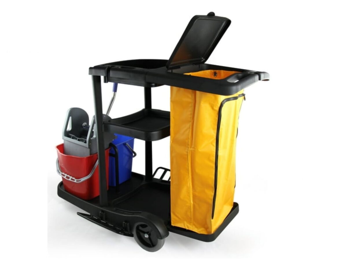 janitor-black-1.jpg Multi Function Black Janitorial Cart with Double Bucket Trolley - Image 1