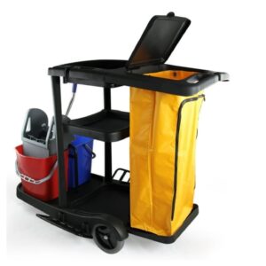 Multi Function Black Janitorial Cart with Double Bucket Trolley
